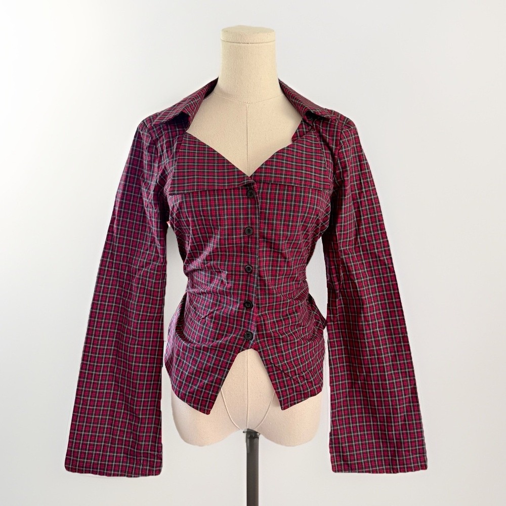 NWT Cider Plaid Button Blouse XS/S Red Tartan Bell Sleeve Frontier Country Top